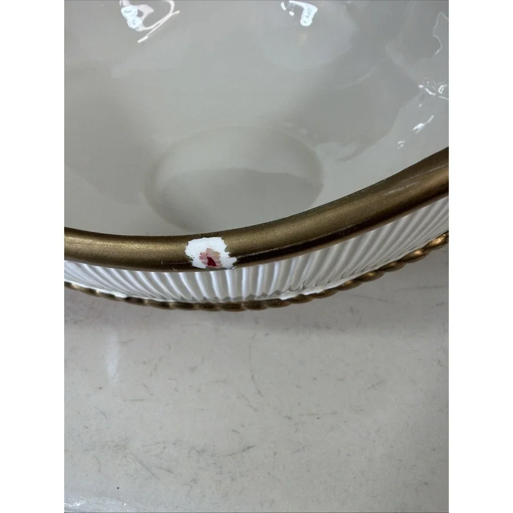 VTG 1989 Fitz Floyd Old Tyme Holiday Ceramic Bowl Ribbed Red‎ Gold Flawed w/ Box